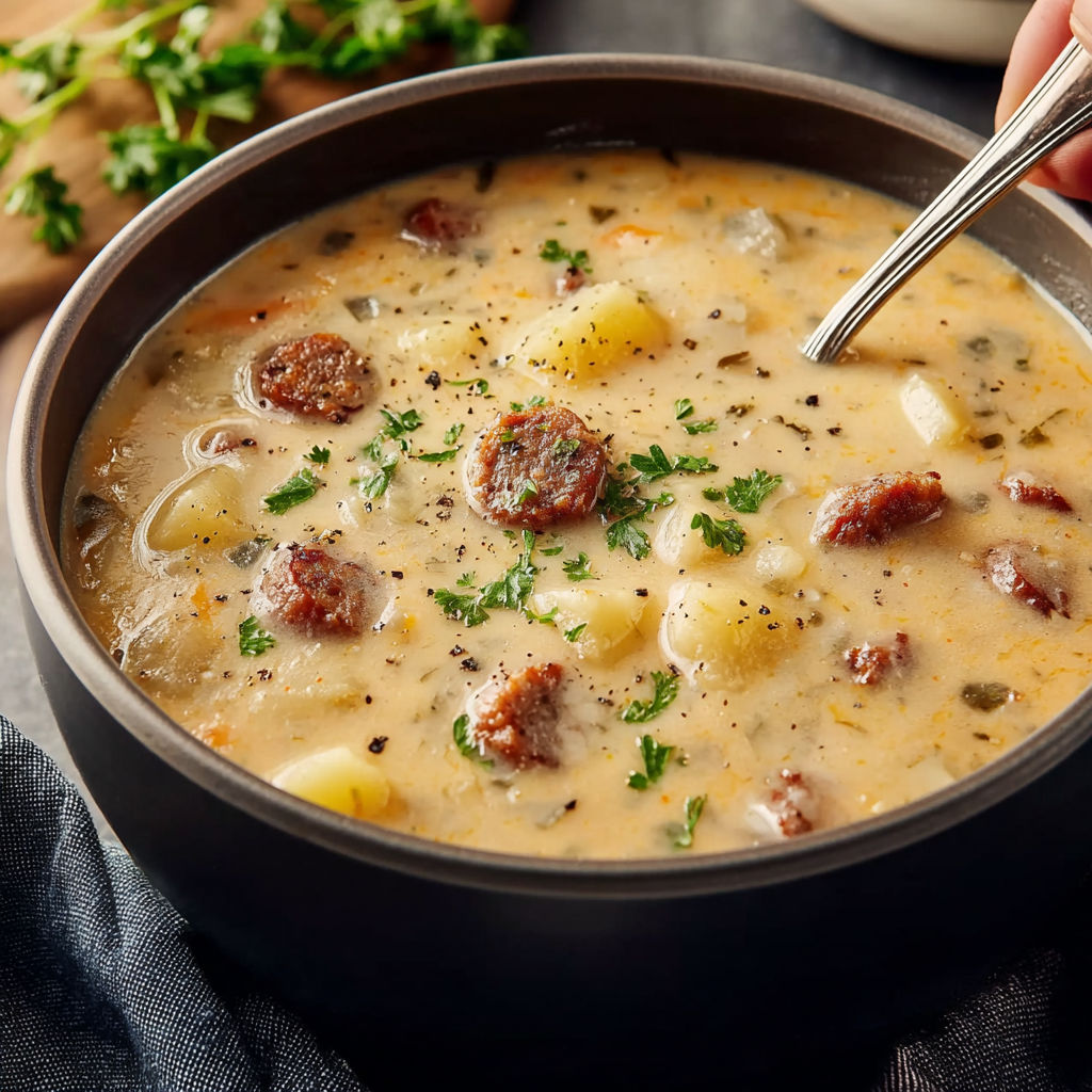 A bowl of soup with sausage and potatoes.