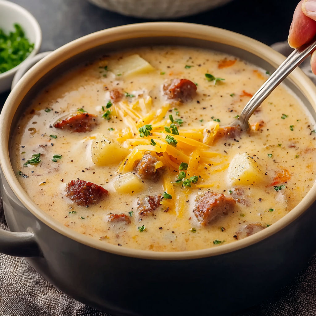 A spoon is in a bowl of soup.
