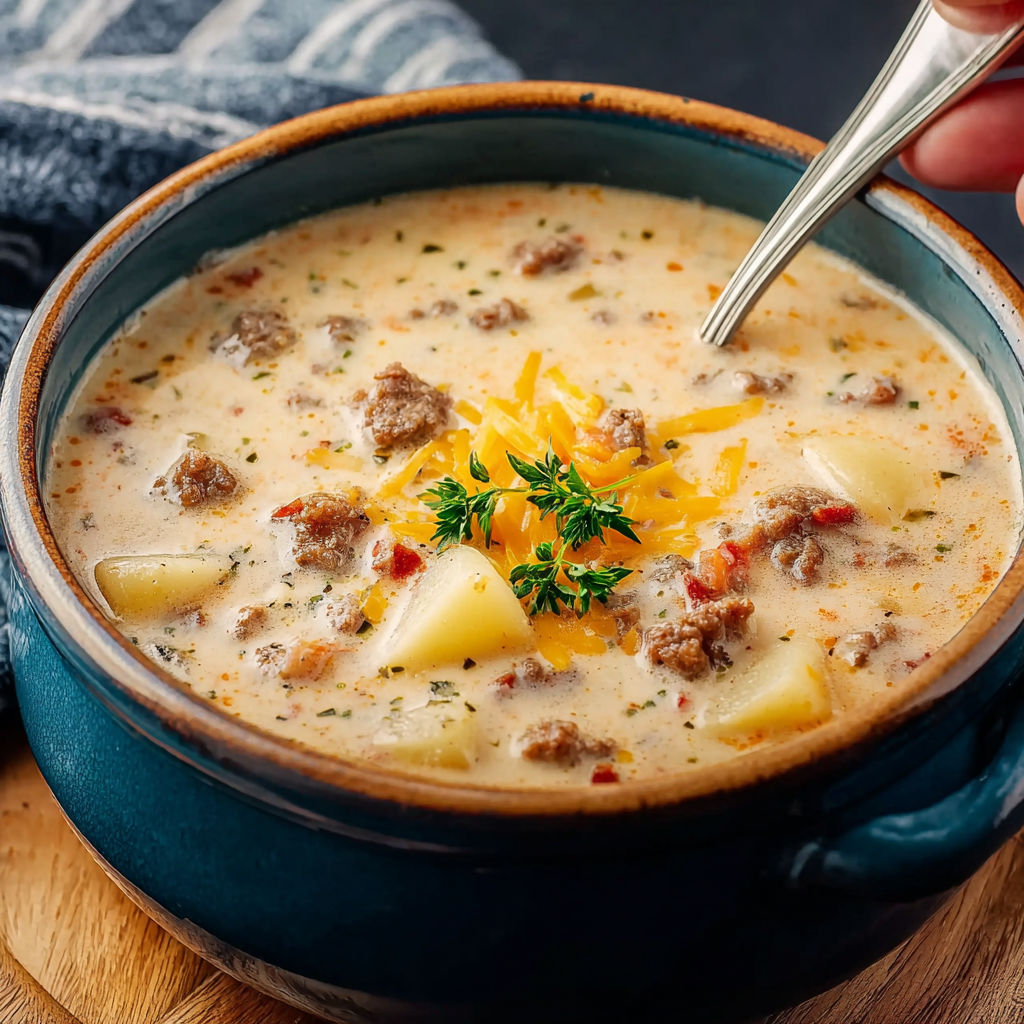 A spoon is in a bowl of soup.