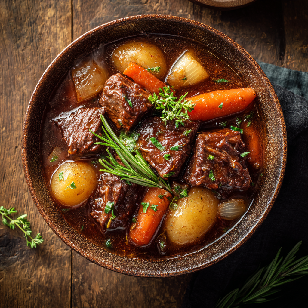 A bowl of beef and vegetables in a slow cooker.
