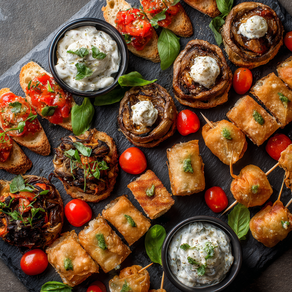 A variety of appetizers on a table.