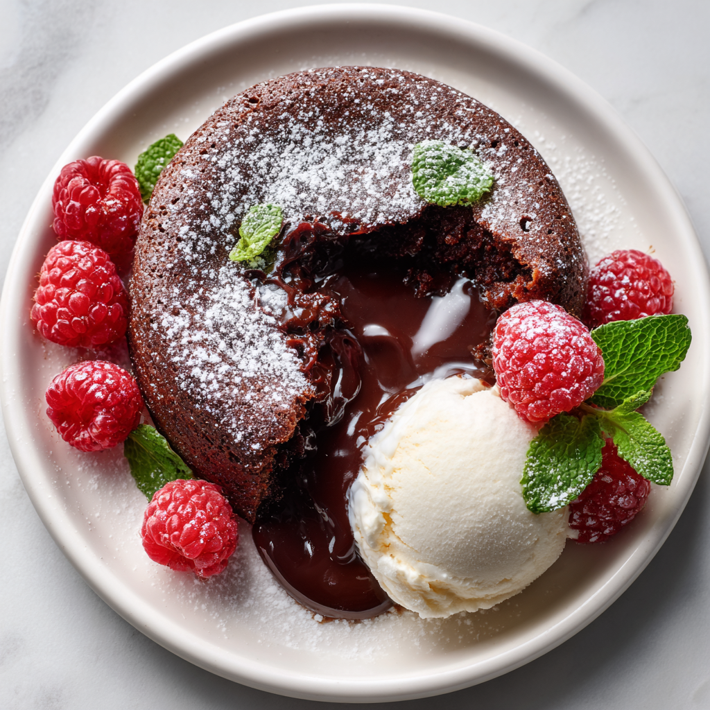 A chocolate cake with a scoop of ice cream on top.