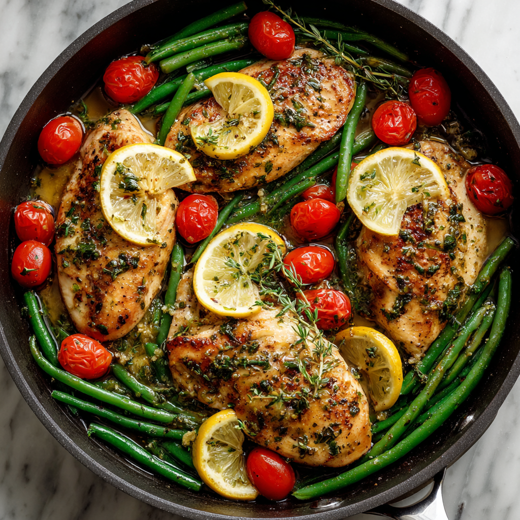 A pan of chicken with green beans and lemon.