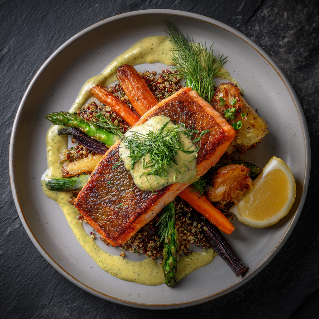 A plate of food with fish and vegetables.