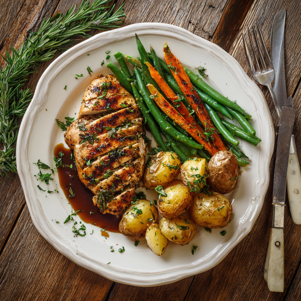 A plate of food with chicken, potatoes, and green beans.