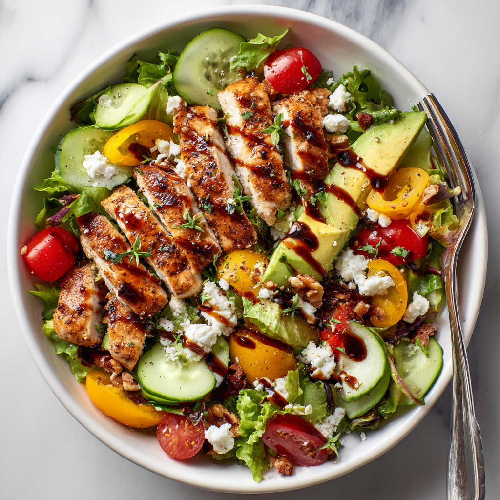 A bowl of salad with chicken, tomatoes, cucumbers, and blue cheese.