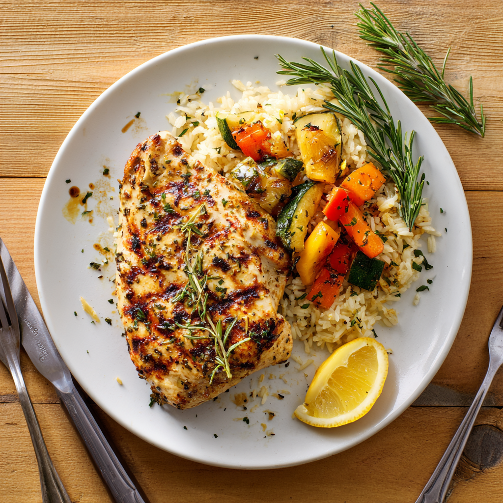 A plate of chicken with rice and vegetables.