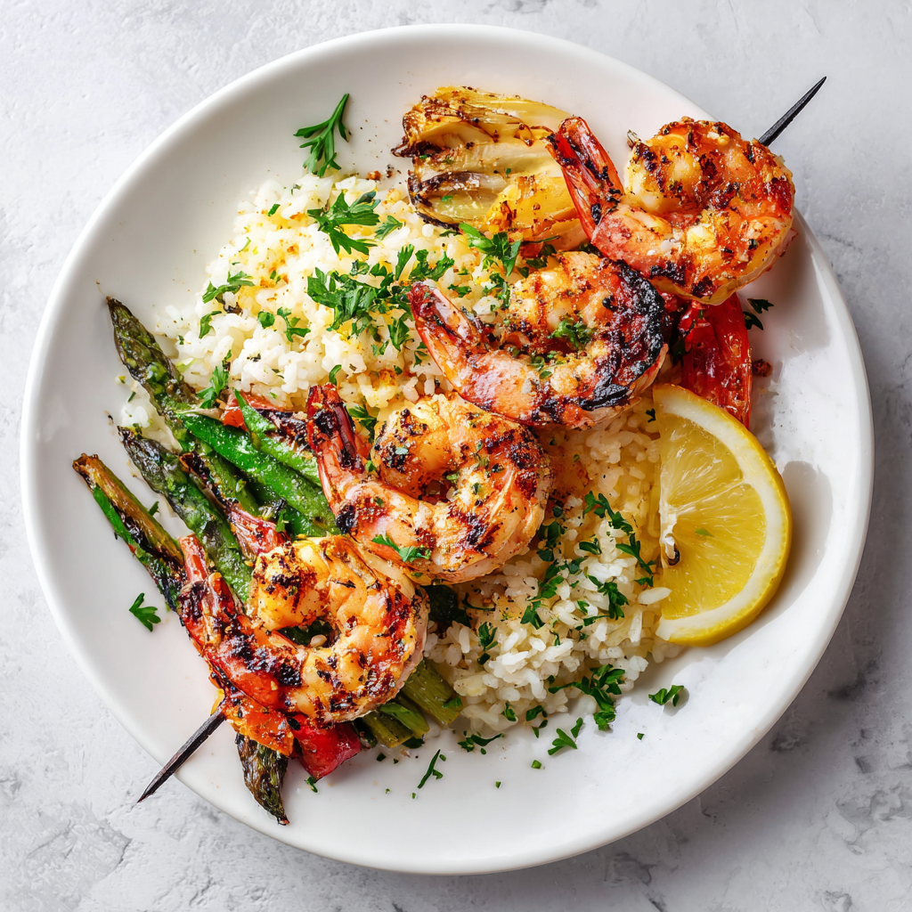 A plate of shrimp and rice.