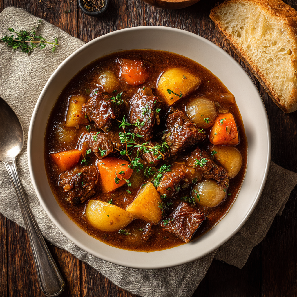 A bowl of beef stew with carrots and potatoes.