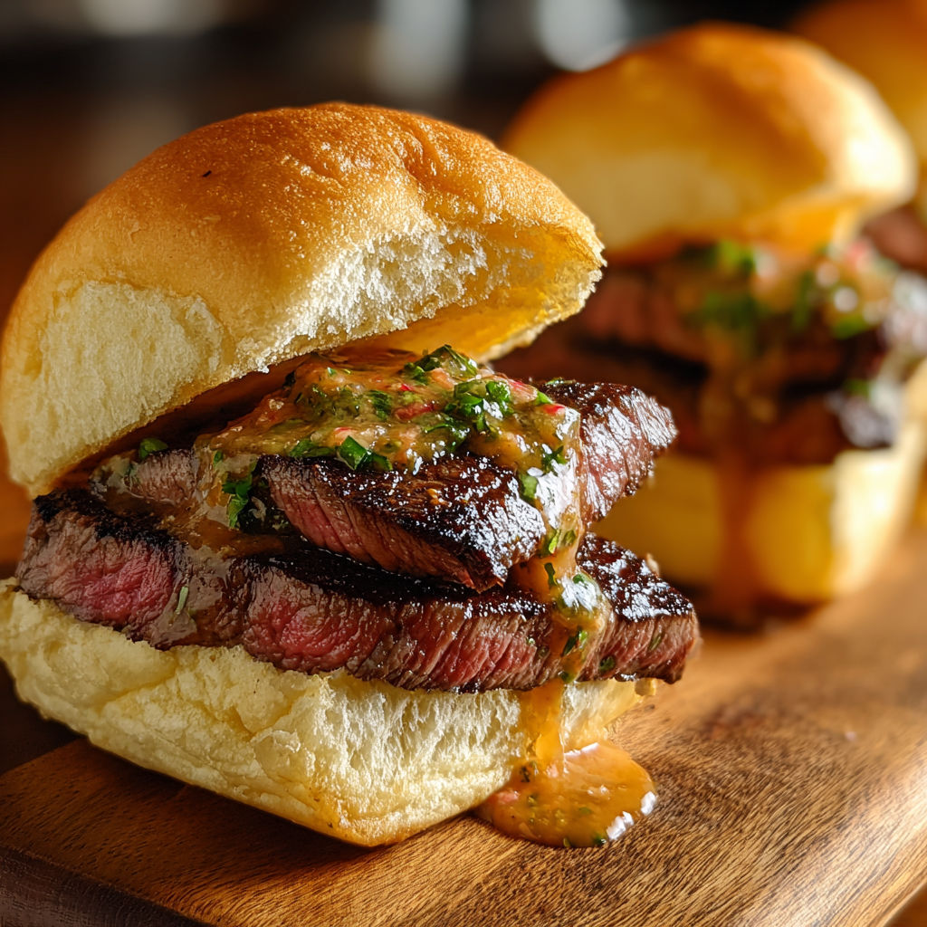 Two pieces of meat with sauce on a wooden table.