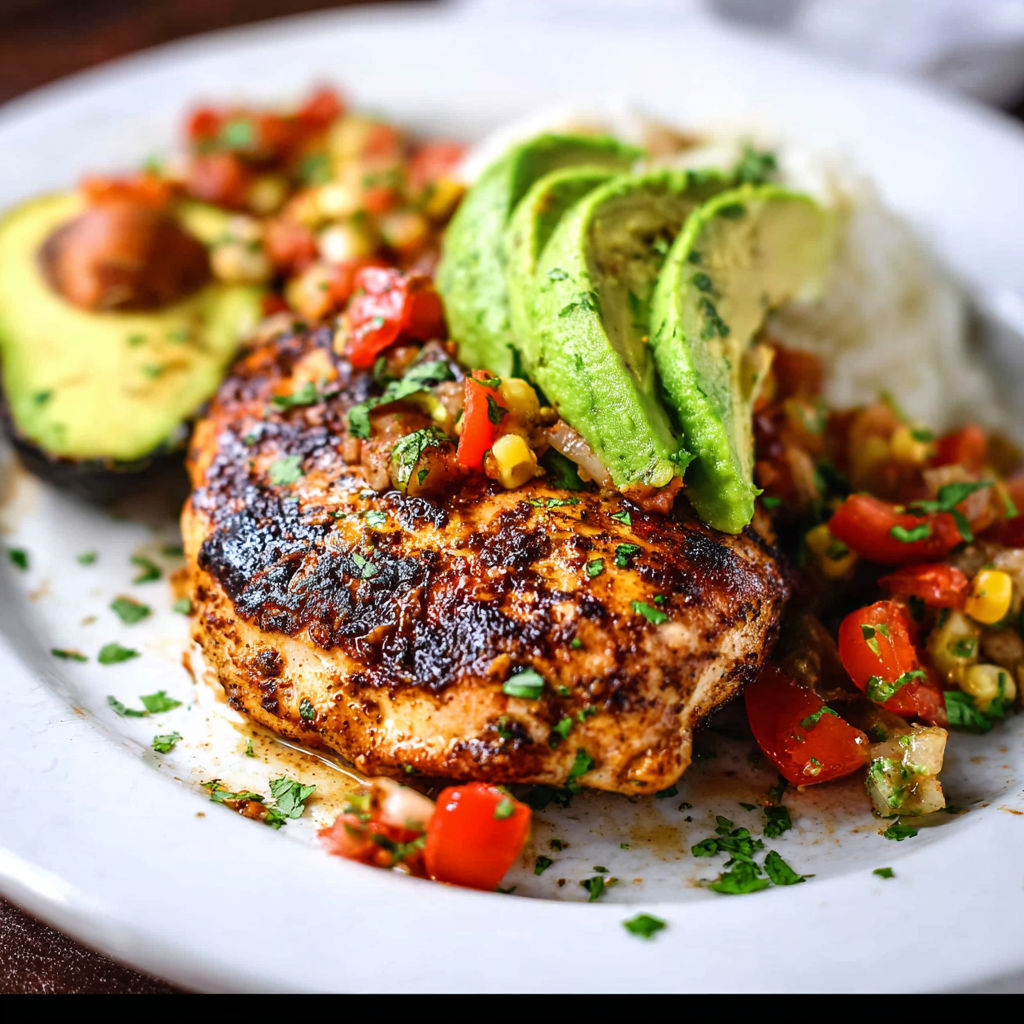 A plate of food with chicken, rice, and vegetables.