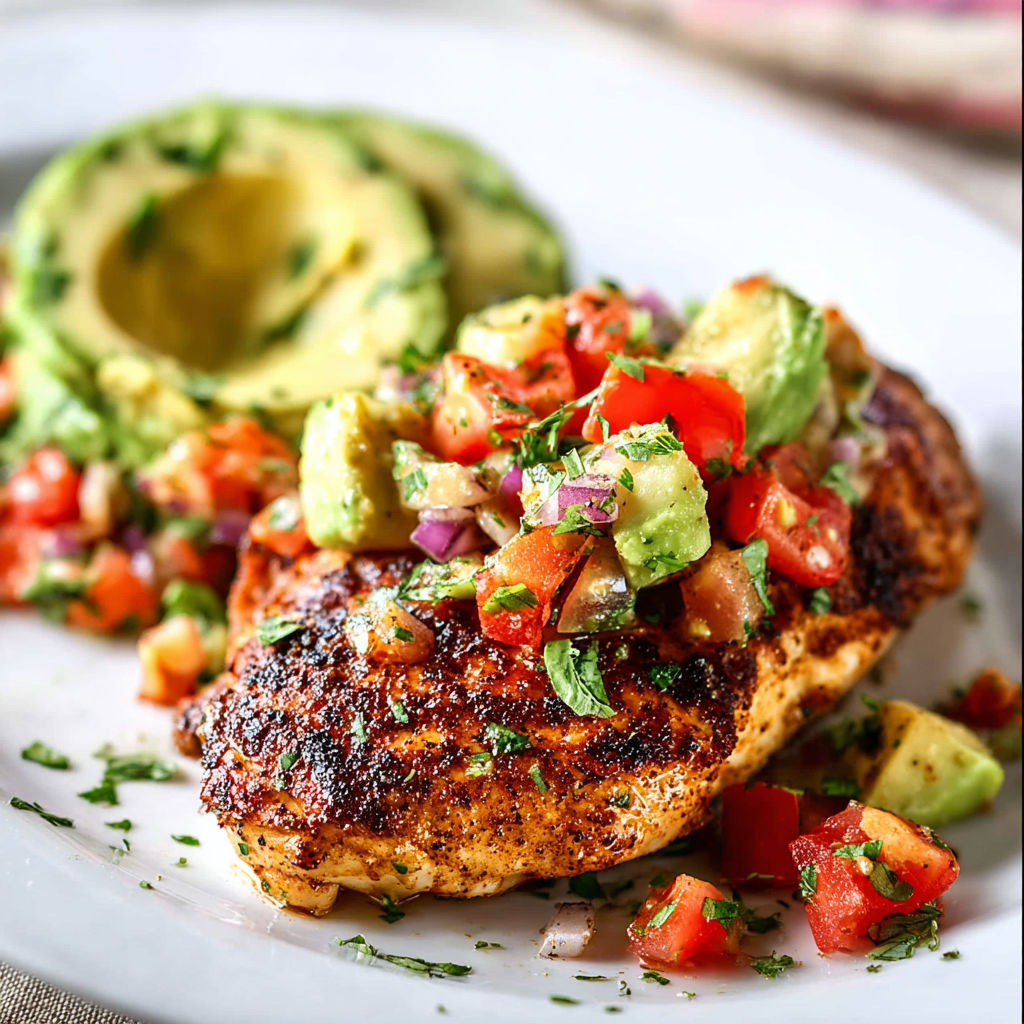 A plate of chicken with tomatoes and avocado.