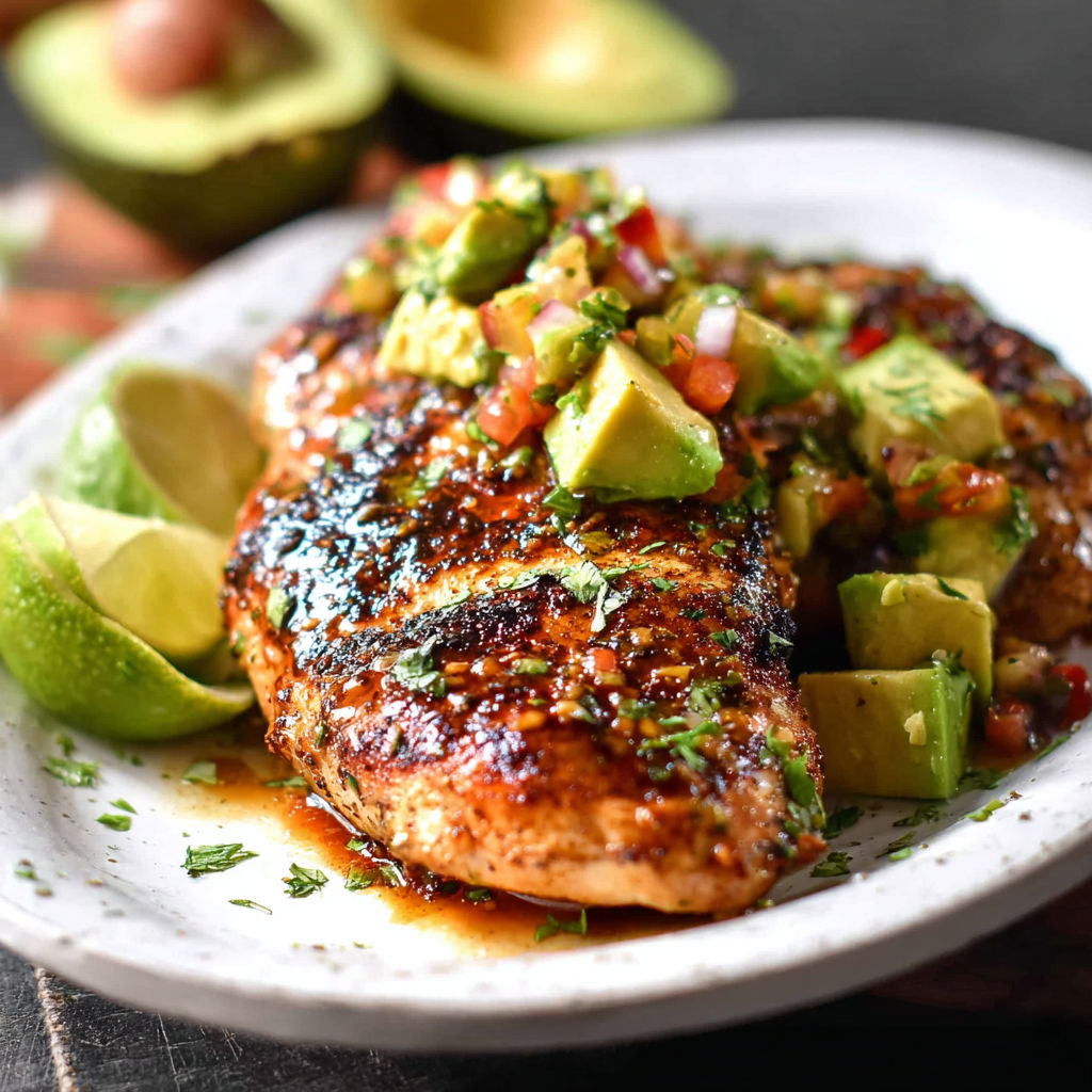 A plate of chicken with lime and avocado toppings.