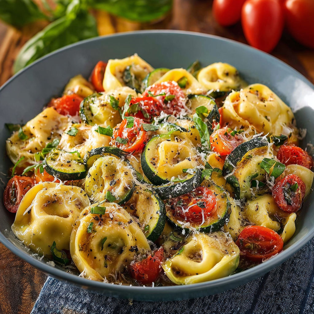 A bowl of pasta with tomatoes, zucchini, and basil.