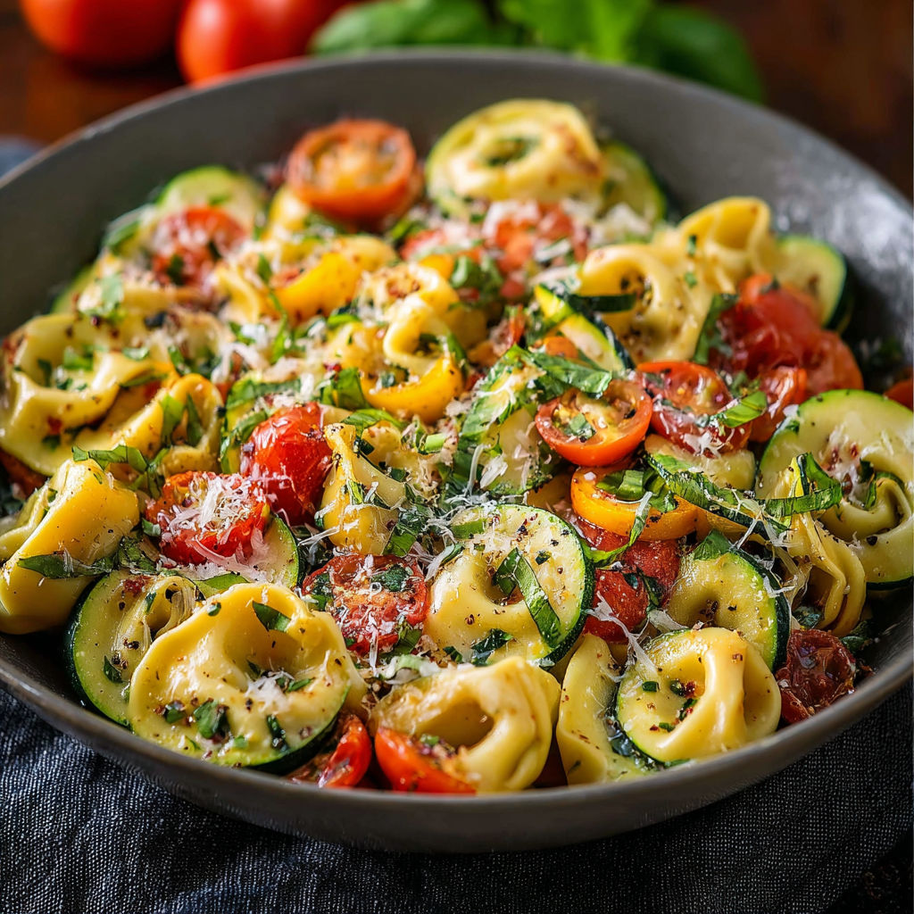 A bowl of pasta with tomatoes, zucchini, and basil.