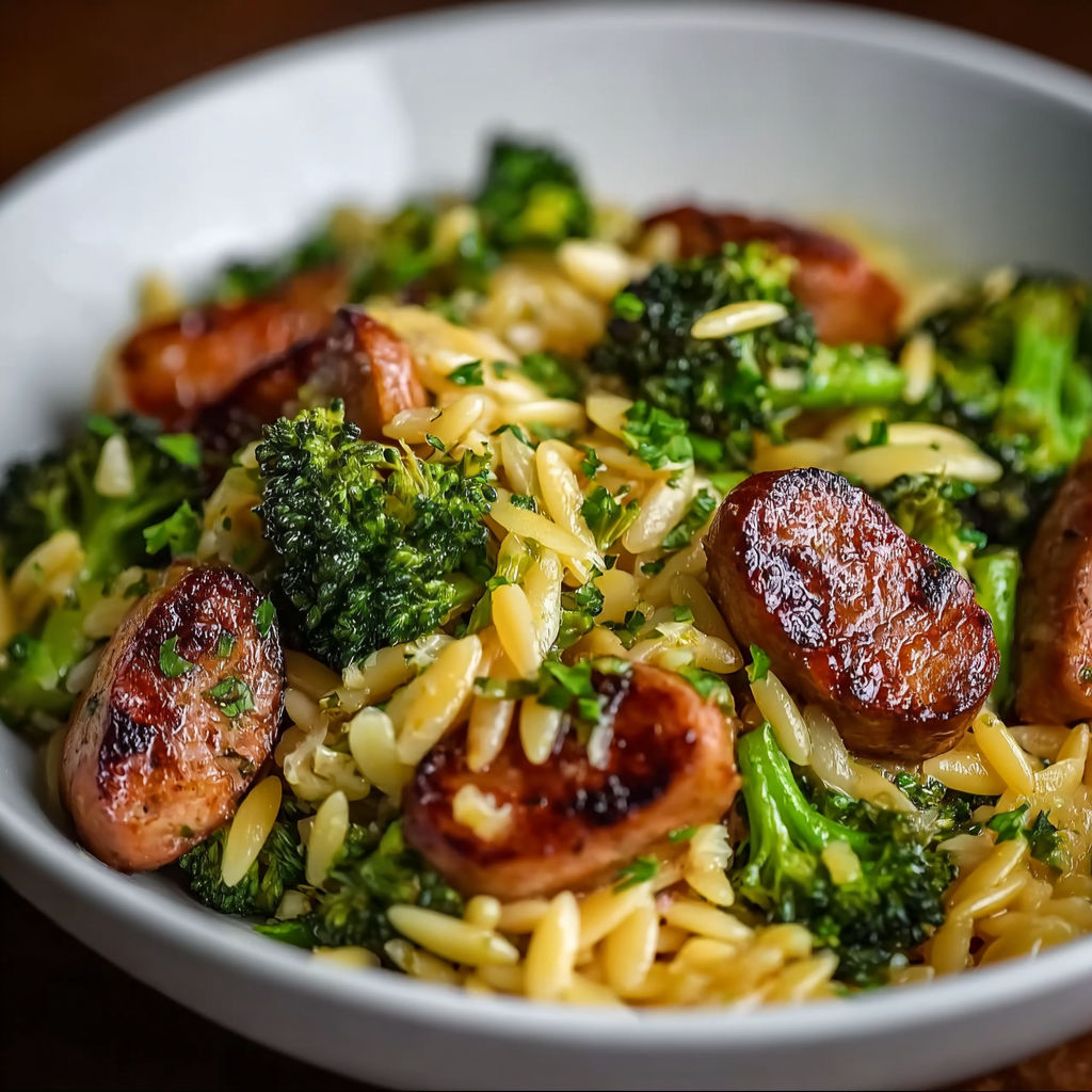 A bowl of chicken sausage and broccoli orzo.