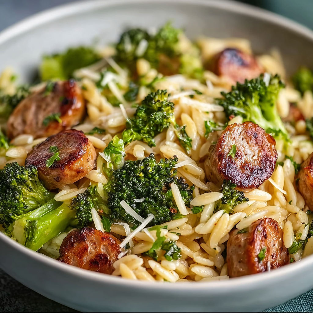 A bowl of chicken sausage and broccoli orzo.