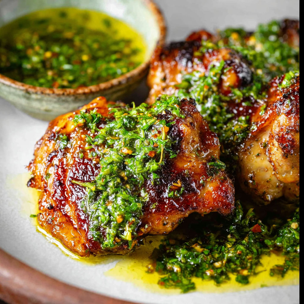 Grilled chicken thighs with chimichurri sauce.
