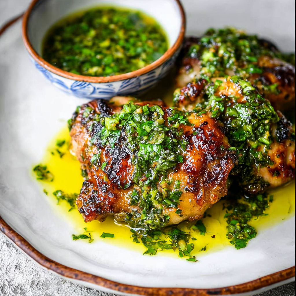 A plate of chicken with sauce and herbs.