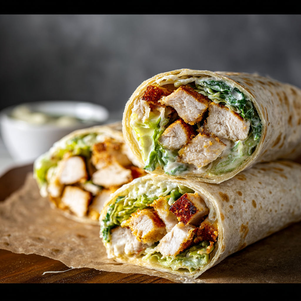 Two chicken Caesar wraps on a table.