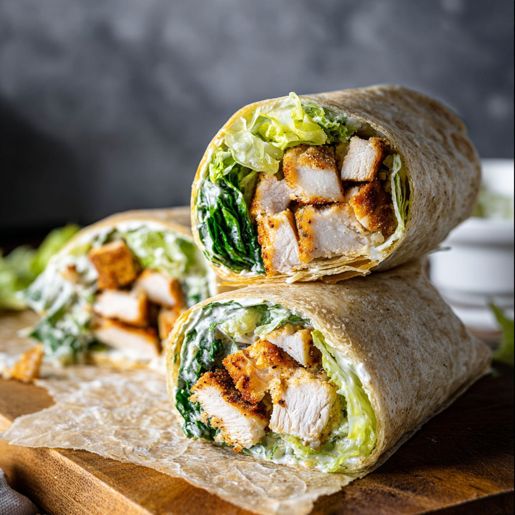 A chicken wrap with lettuce and cheese.