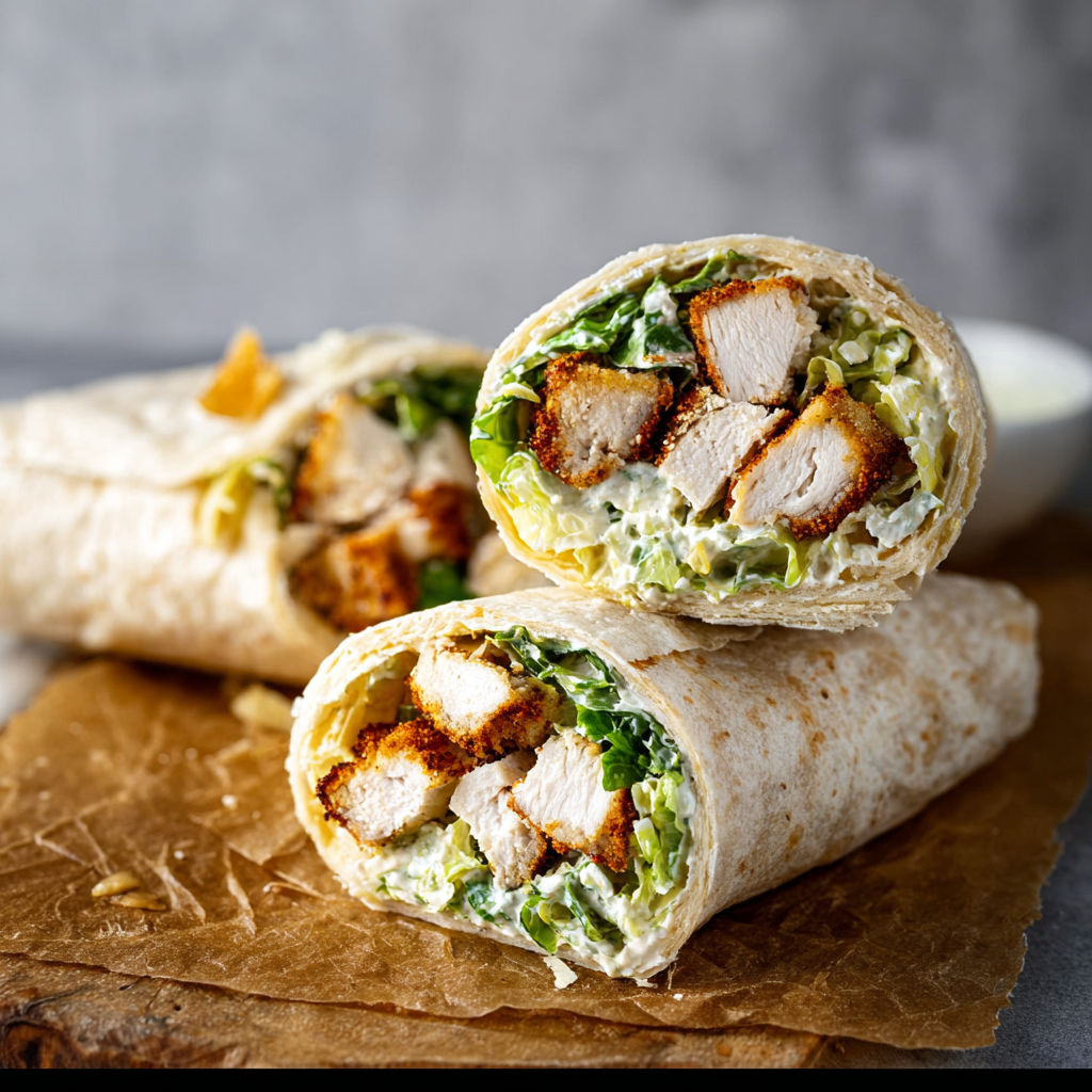 A chicken wrap with lettuce and cheese.