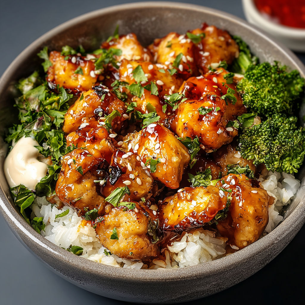 A bowl of chicken with sauce and broccoli.