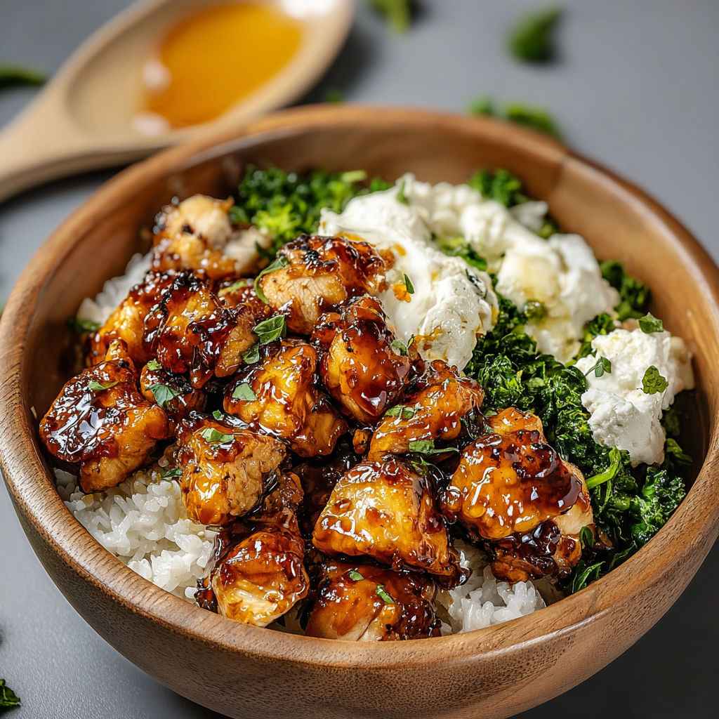 A bowl of chicken with sauce and rice.