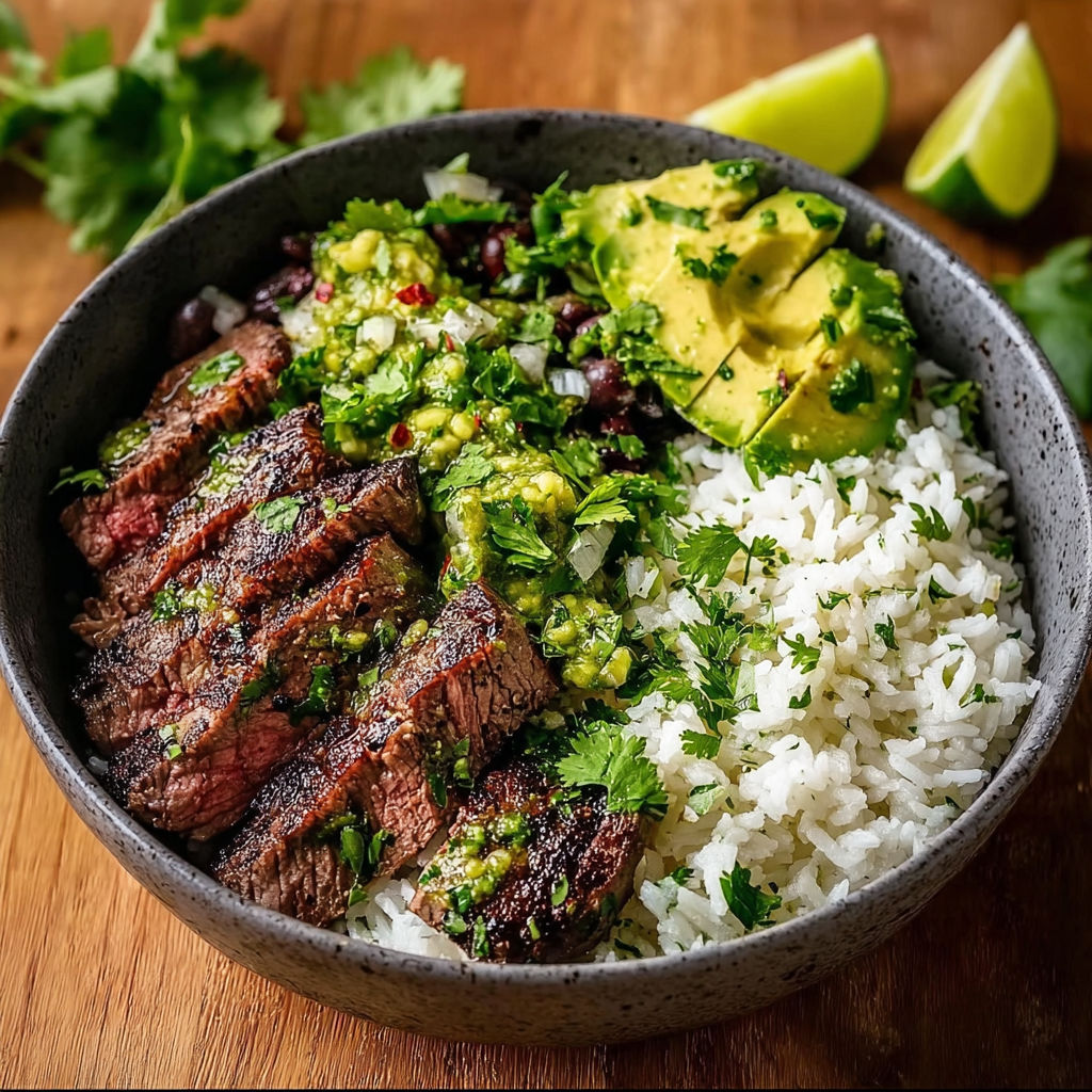 A bowl of food with rice, steak, and cilantro lime.