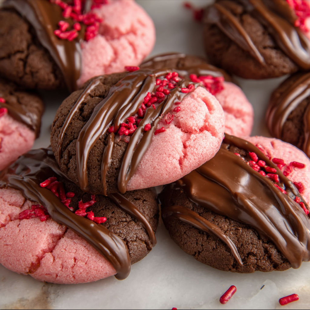 Chocolate covered strawberry cookies on a table.