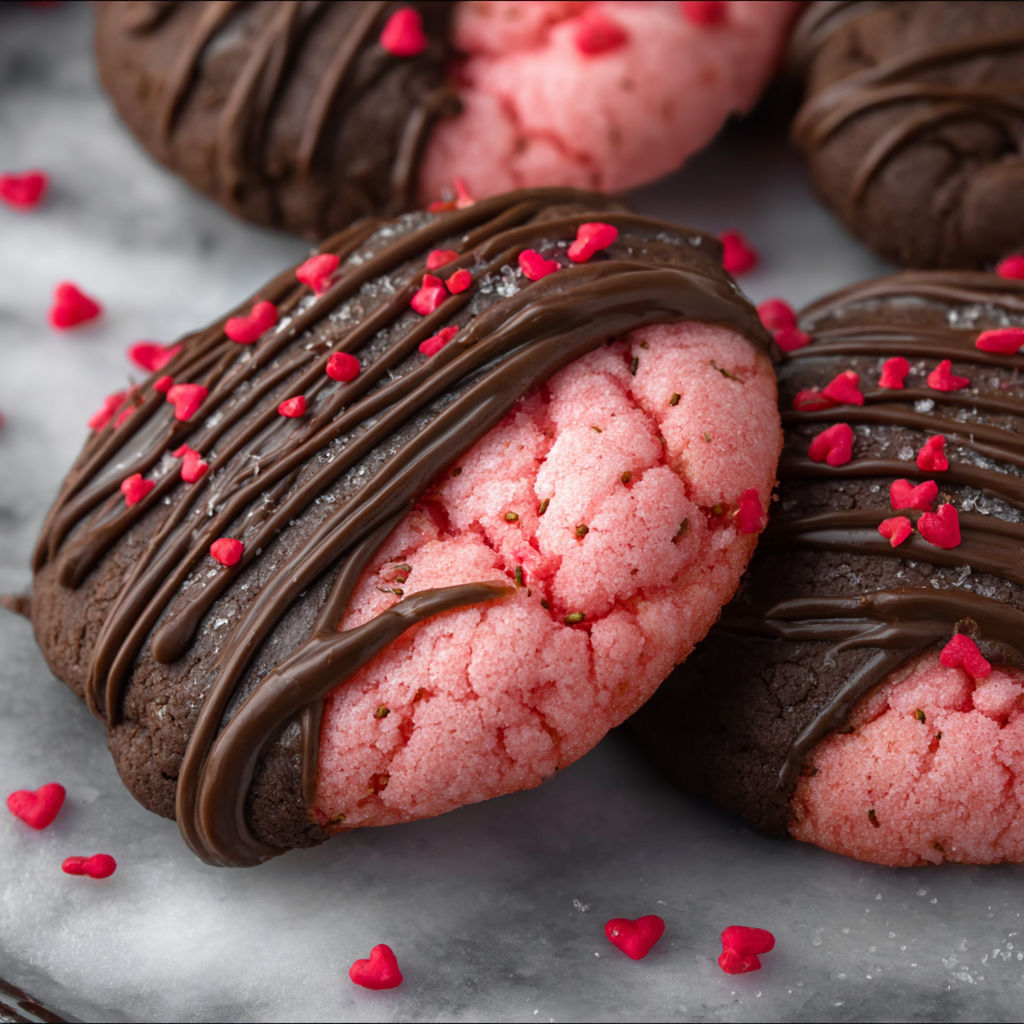 Chocolate covered strawberry cookies on a plate.
