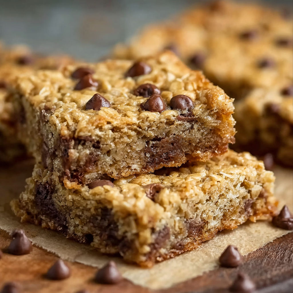 A close up of a delicious oatmeal chocolate chip bar.