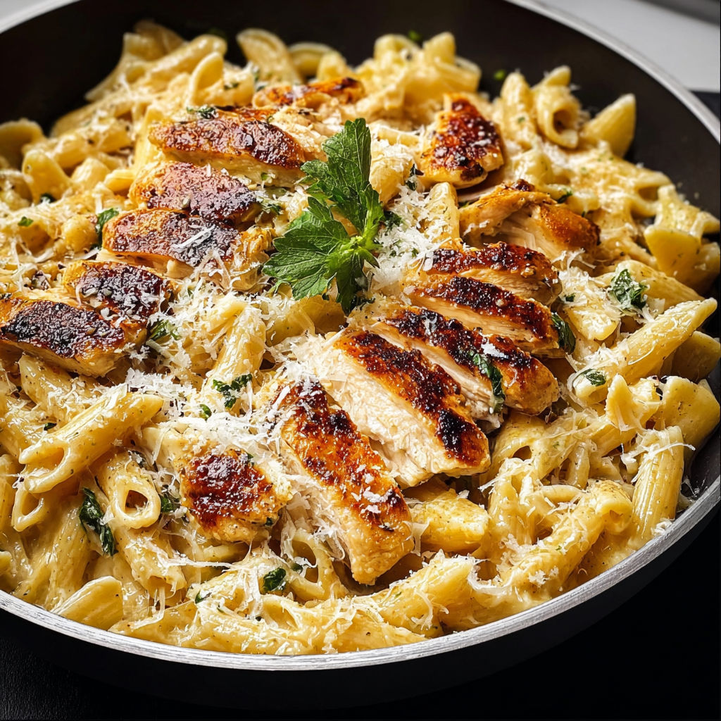 A dish of garlic Parmesan chicken and pasta.