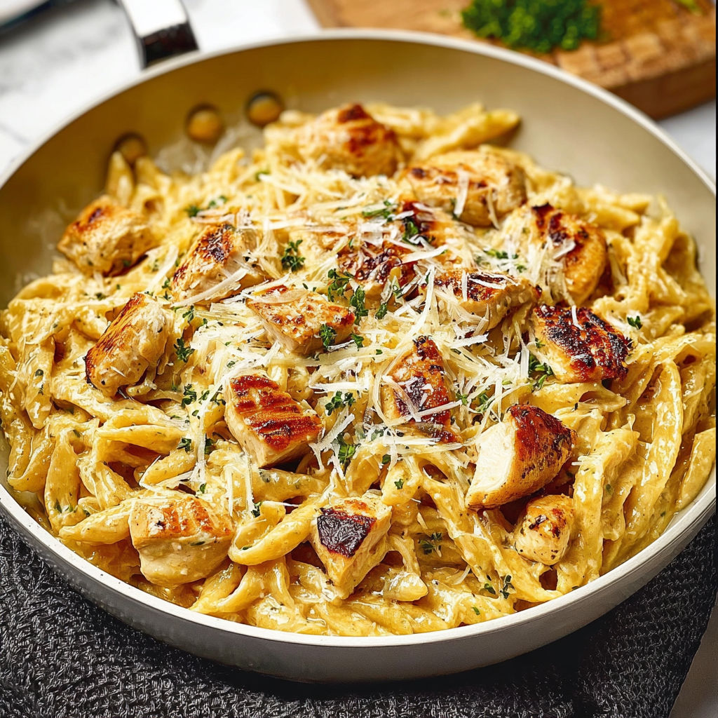 A dish of garlic Parmesan chicken pasta.