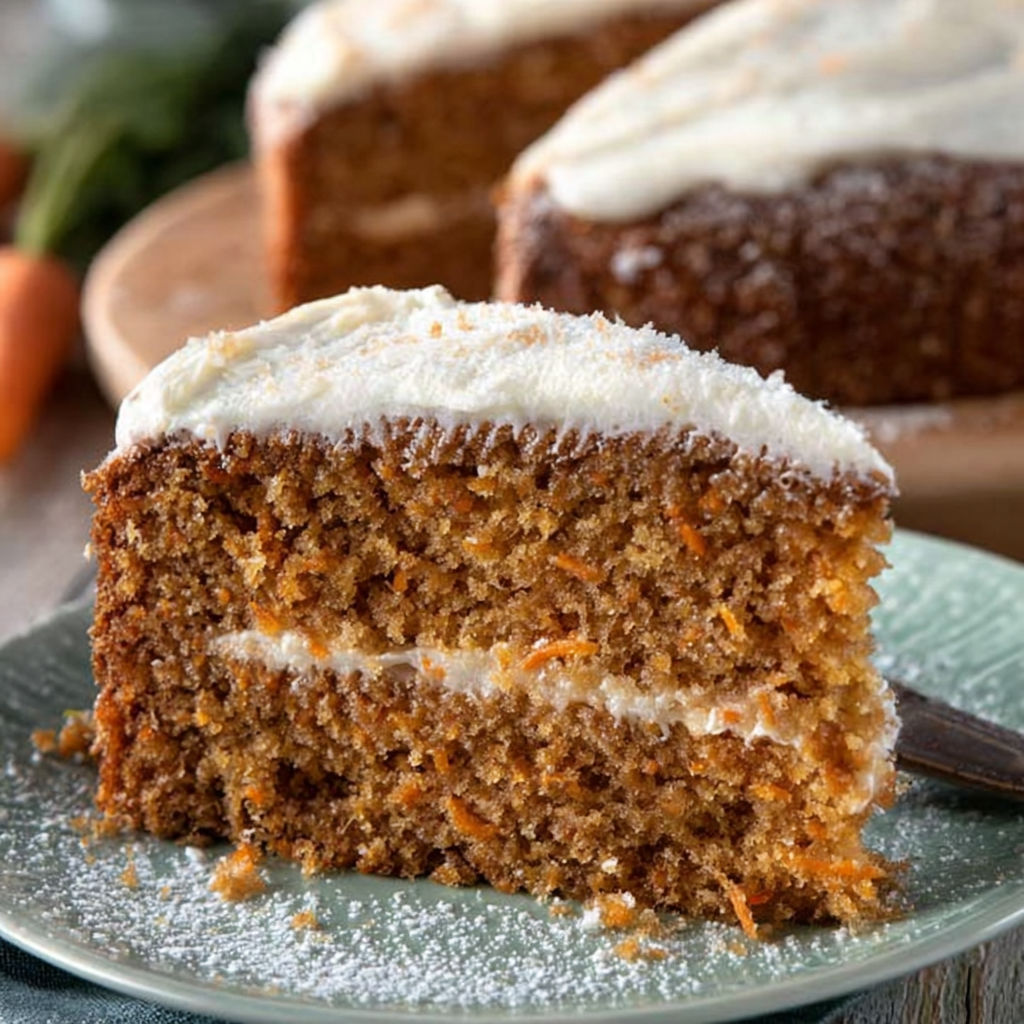 A slice of orange cake with white frosting.