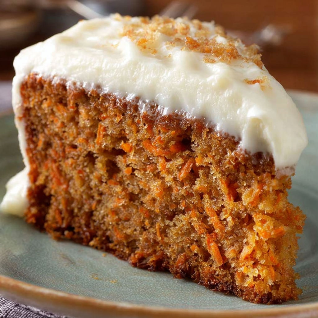 A slice of carrot cake on a plate.