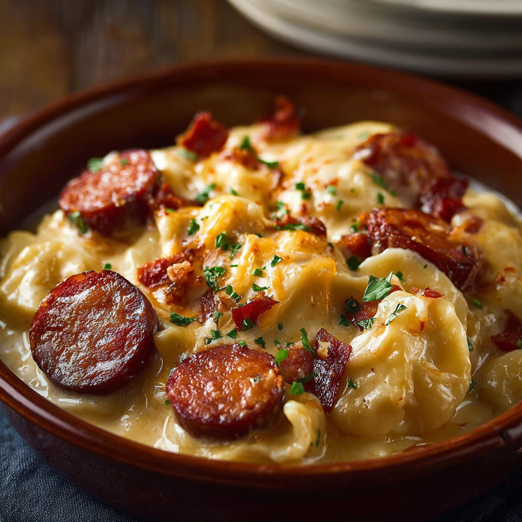 A bowl of food with sausage and cheese.