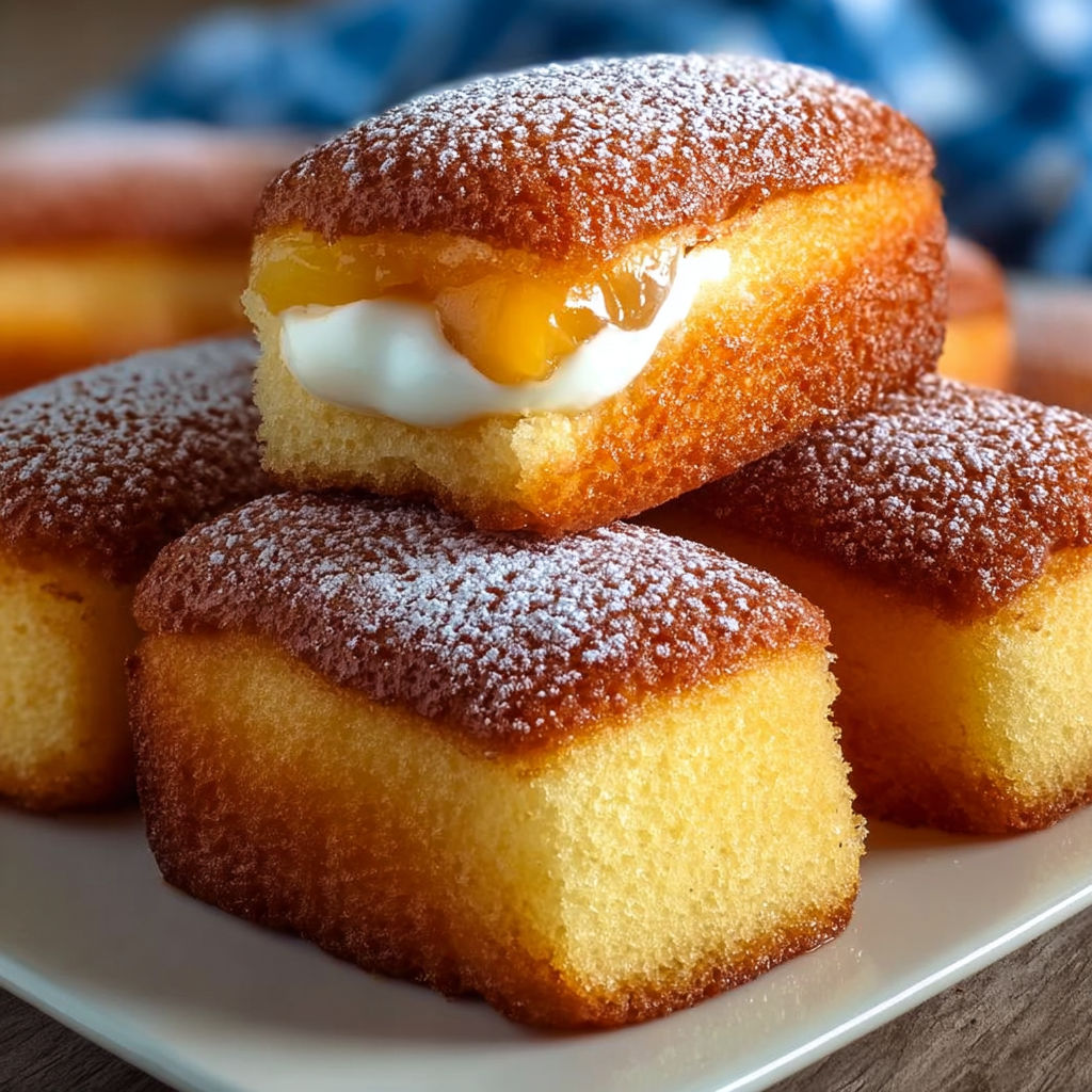 A plate of pastries with powdered sugar on top.