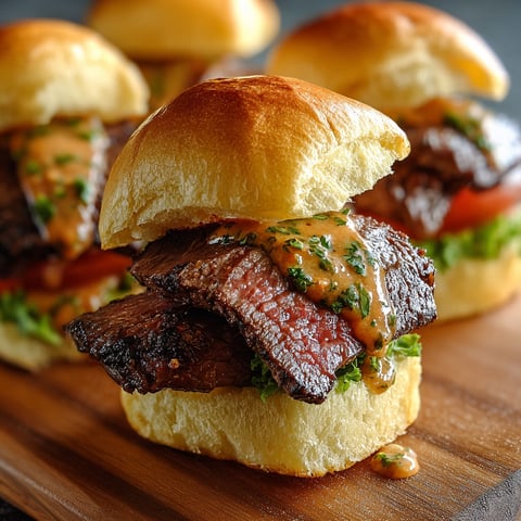 A plate of beef sliders with a side of dipping sauce.