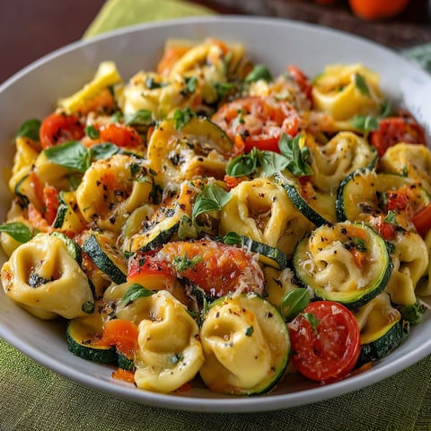 A bowl of pasta with tomatoes, zucchini, and basil.