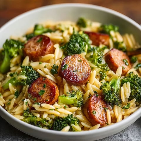 A bowl of pasta with sausage and broccoli.