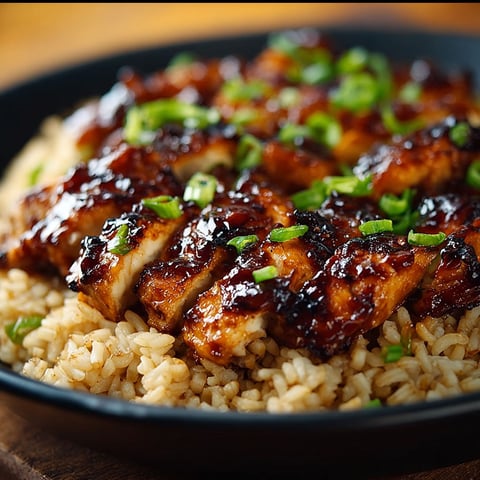 A plate of rice with honey BBQ chicken on top.