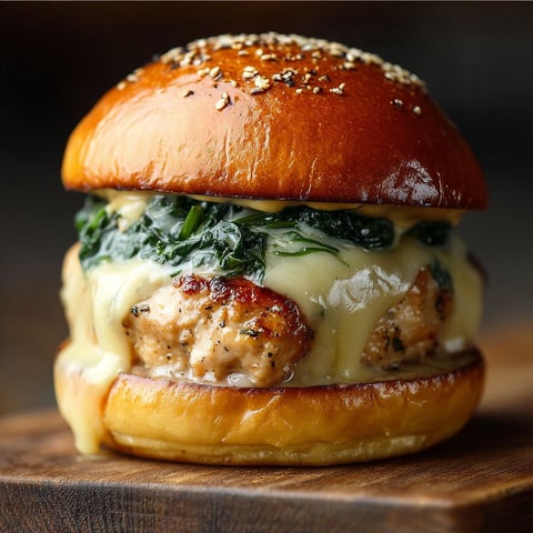 A burger with spinach and white cheddar cheese.